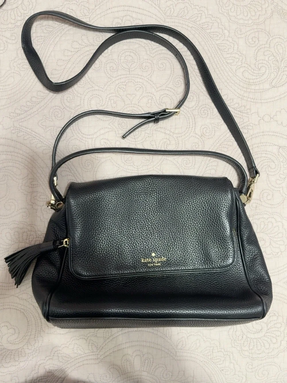 Kate Spade Black Pebbled Leather Satchel Crossbody Shoulder Bag Tassel
